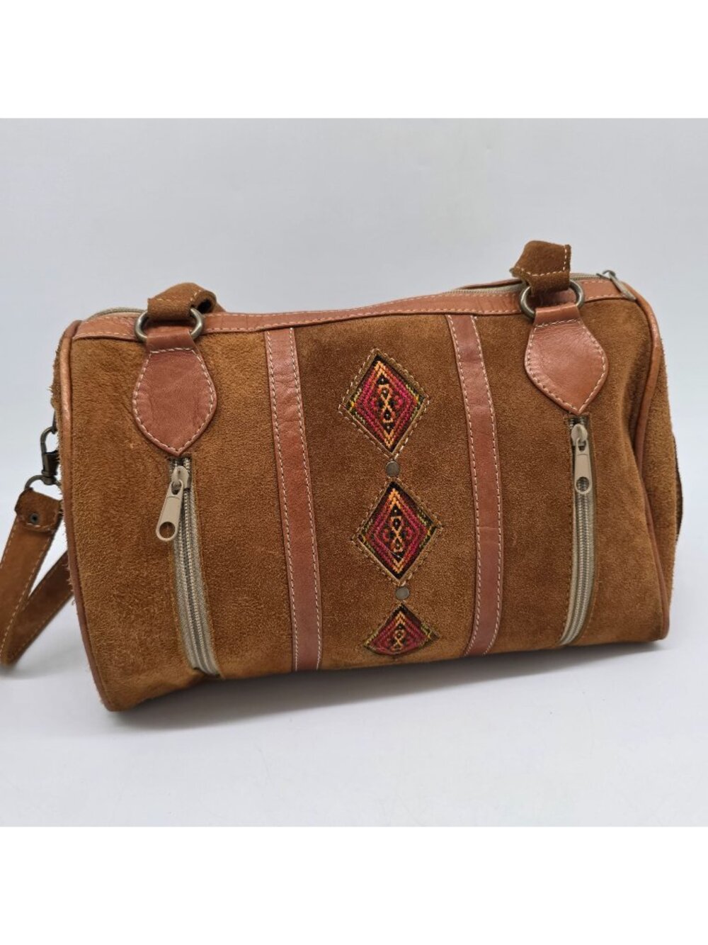 Vintage Brown Leather Suede Satchel Bag Embroidered Zipper Pocket Boho